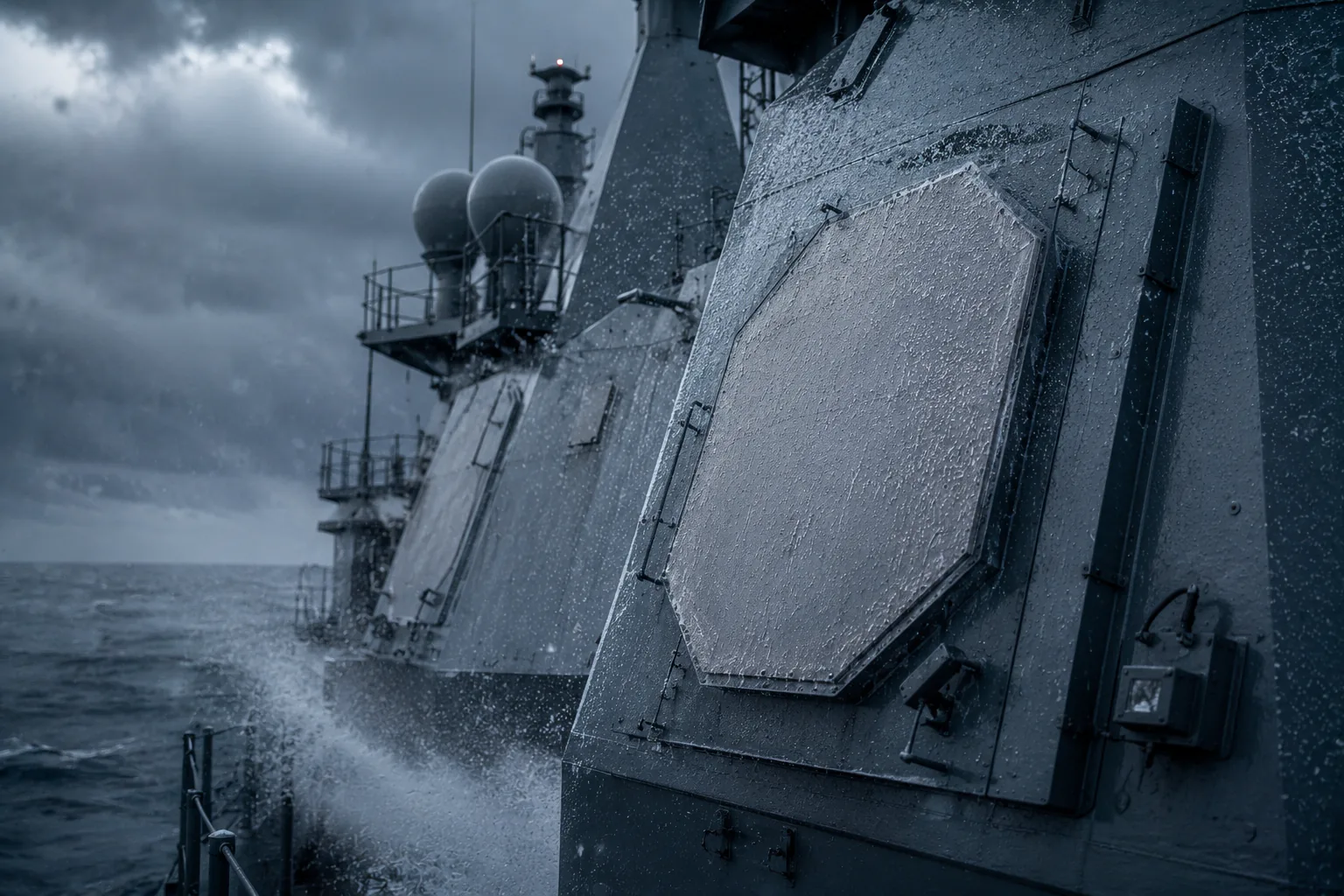 Naval destroyer with radar and electronic intelligence arrays in rough seas — ELINT and COMINT receiver platform
