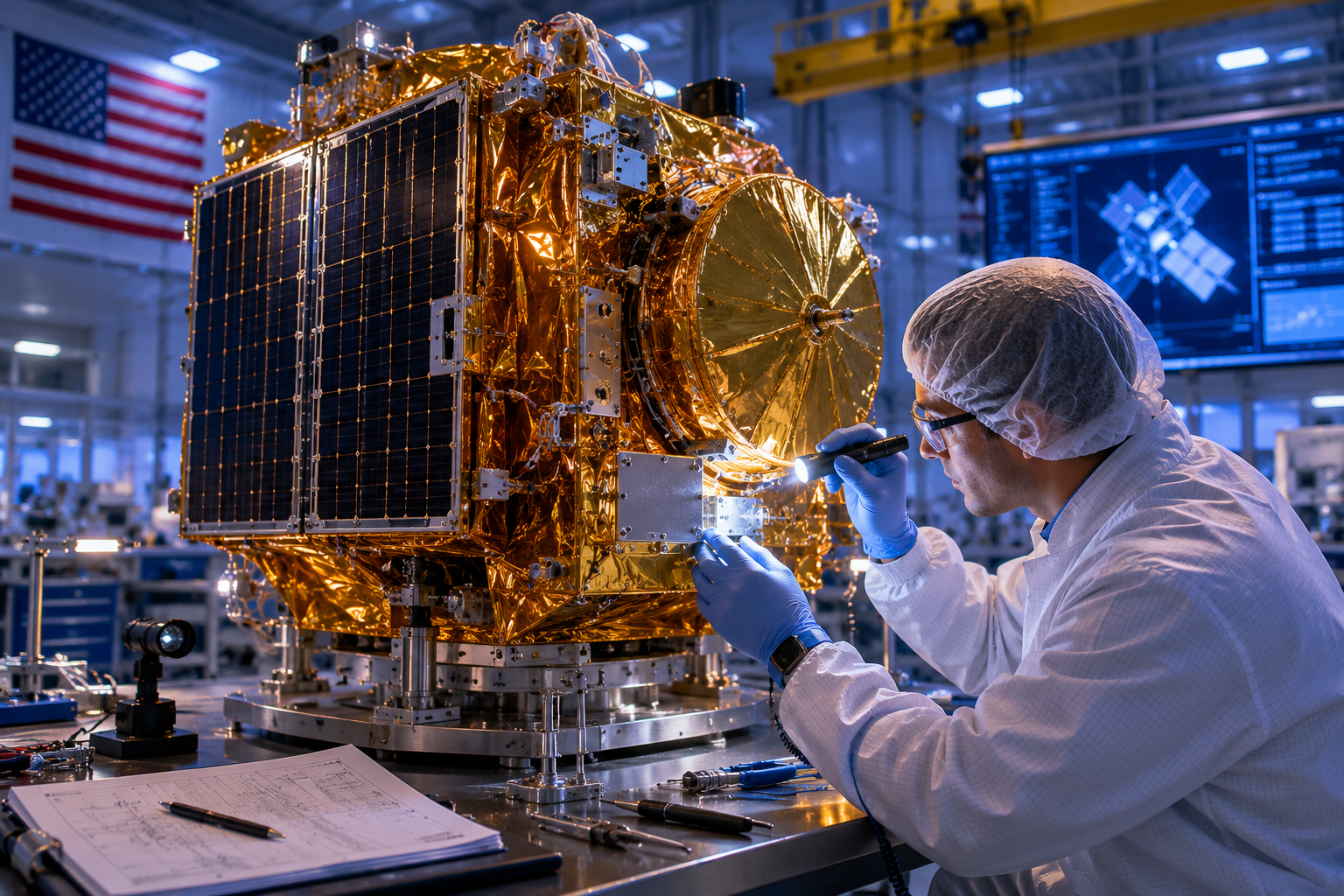 Engineer inspecting space-qualified satellite payload in cleanroom — dual-redundant atomic clock integration