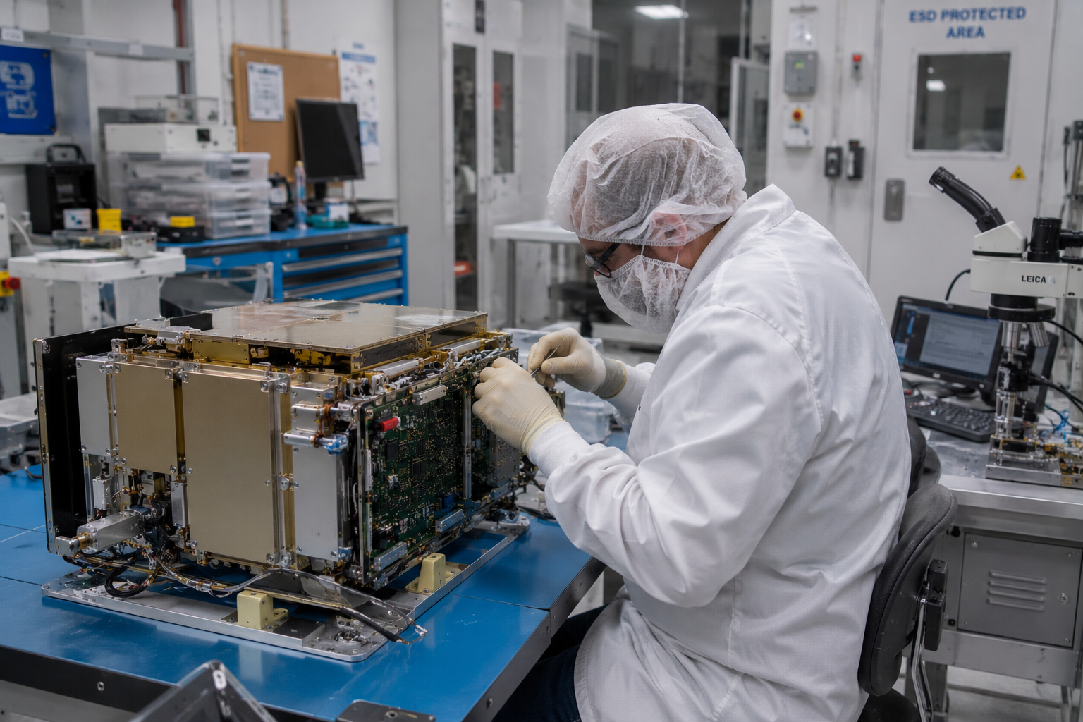 Engineer in ISO cleanroom assembling space-qualified FEI oscillator electronics
