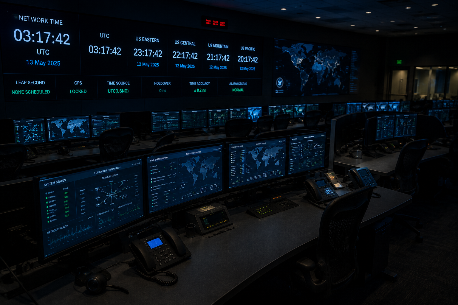 Defense network operations center with UTC-synchronized timing displays